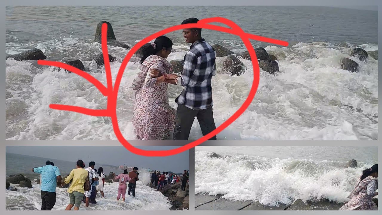 ভয়ঙ্কর জলোচ্ছ্বাসে একাকার পর্যটক। উত্তাল সমুদ্র সৈকত। 