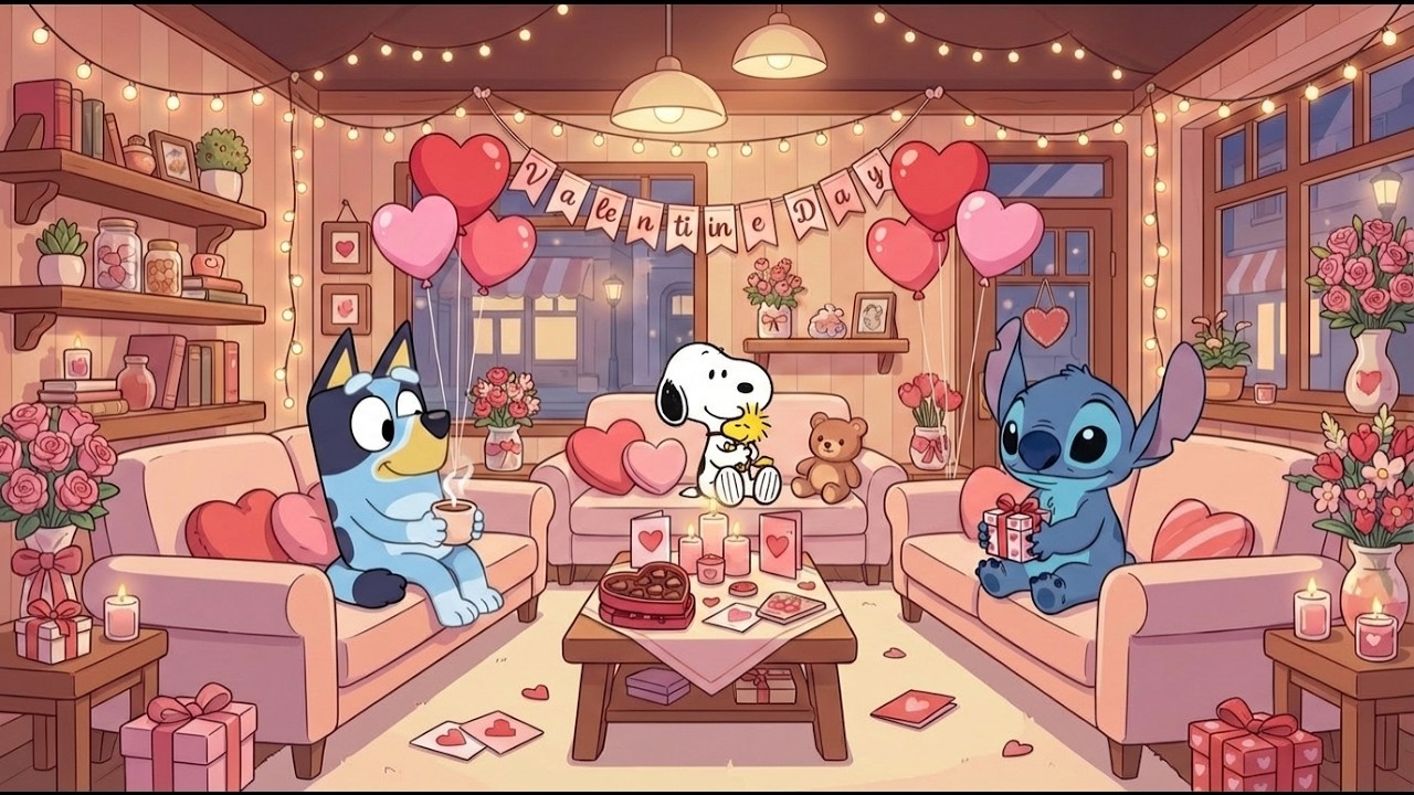 Stitch, Bluey & Snoopy Sweet Valentine Party 💕 Soft Lofi Beats to Relax & Focus ☕ Warm Love Vibes
