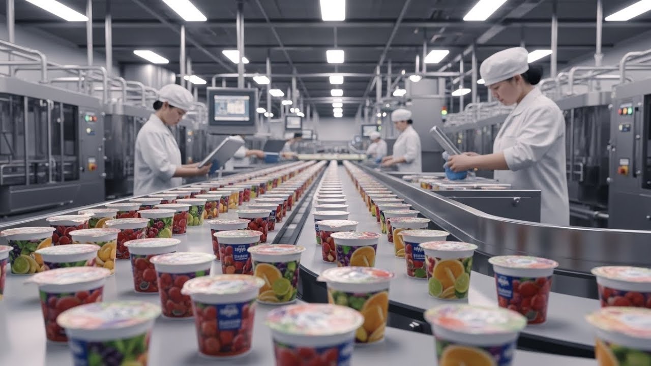 How Fruit Yogurt Is Made Using Real Fruit Puree inside the modern factory