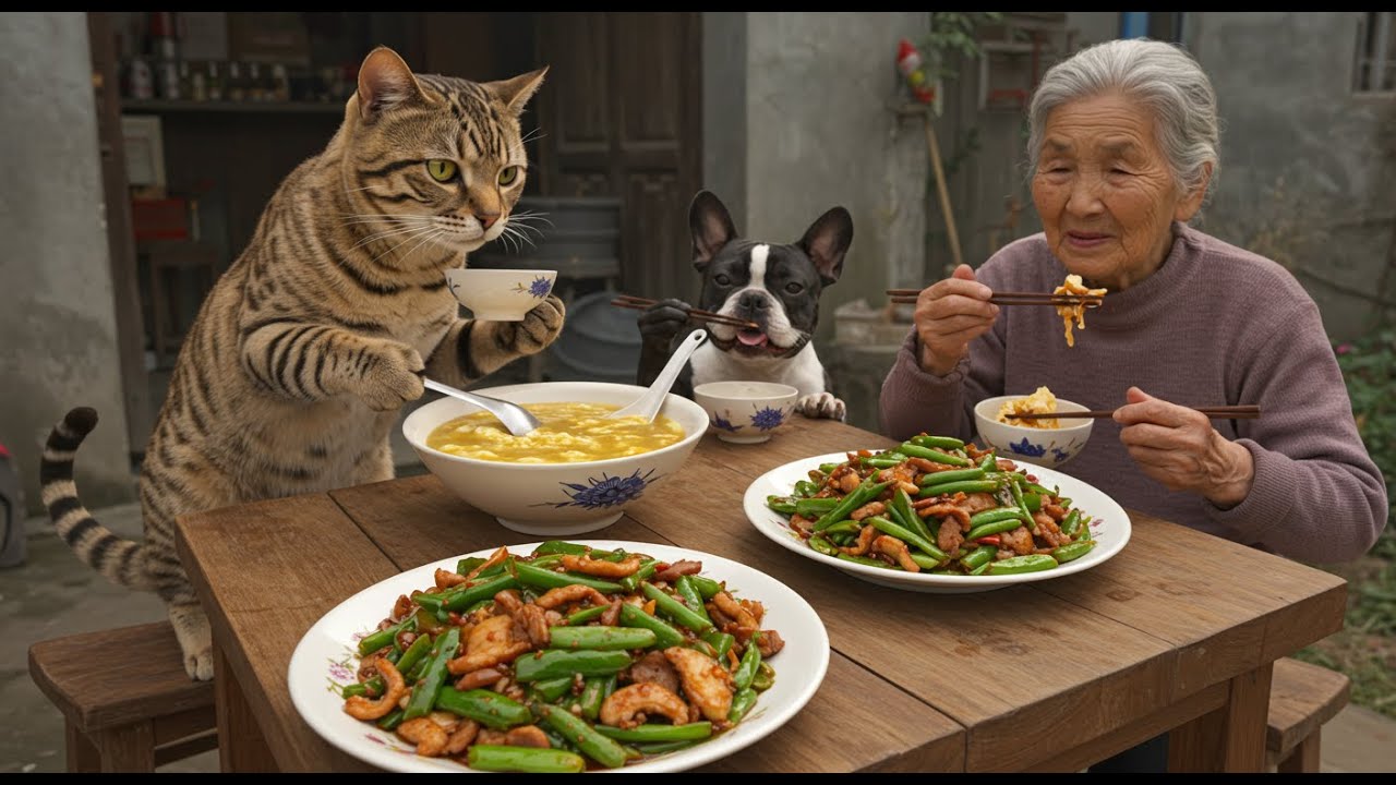 おばあちゃんと仲間にご飯を作る猫|Cat making food for grandma and her friends.
