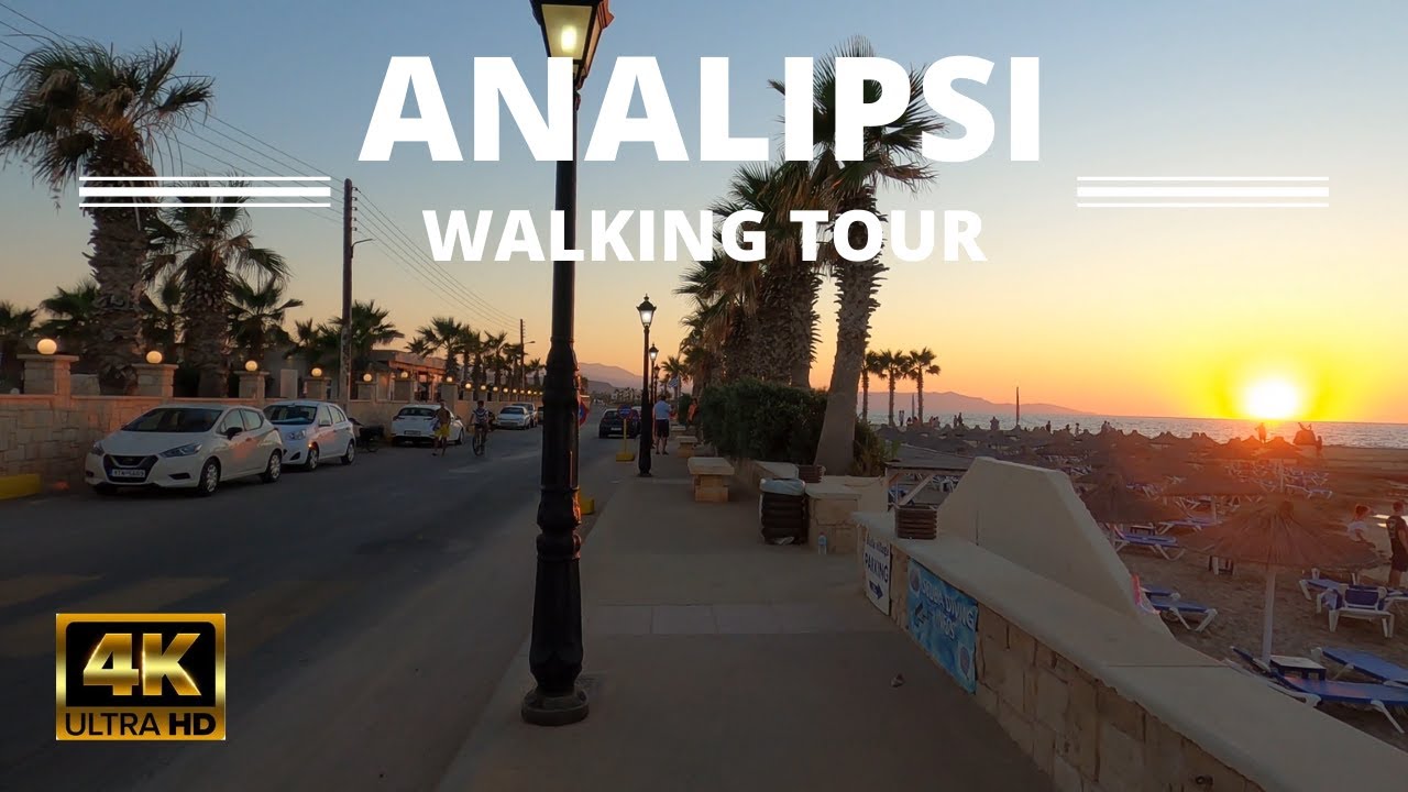 Analipsi Beach Crete - 4K Virtual Walking Tour, Beautiful Sunset