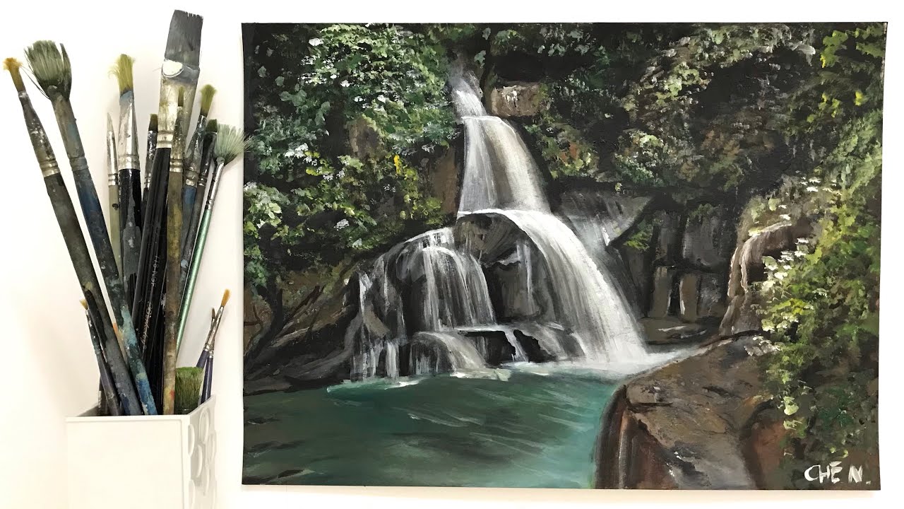 Beautiful Landscape (with waterfalls) Painting Tutorial Using Acrylics by Cheryl Navarro