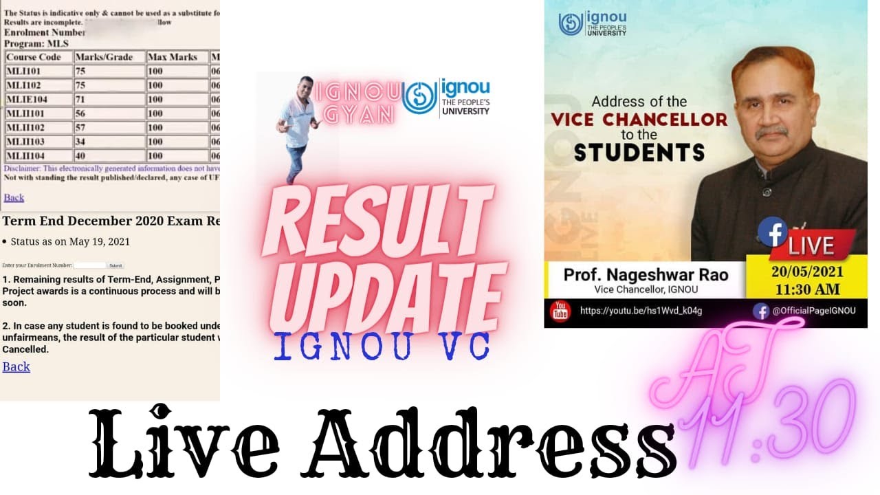 Ignou Term End Examination dec 2020 result ||  ignou feb 2021 result || Ignou VC live Address