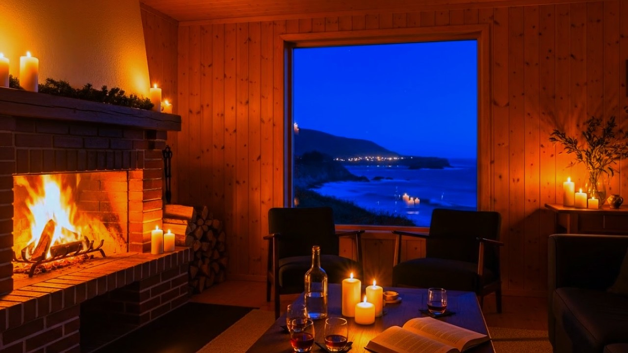 Sleep Music with Fireplace Sounds & Ocean Waves | Cozy American Cabin Night Ambience