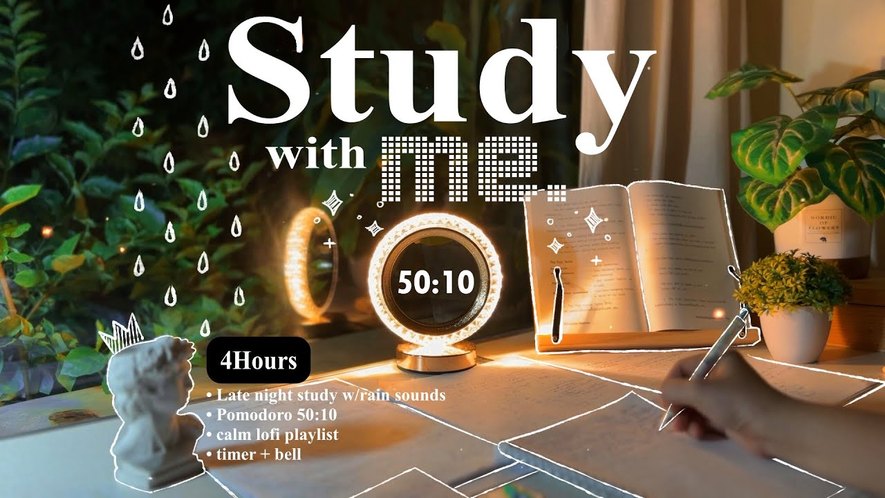 4-HOUR ✨ Late Night Study With Me • Rain sounds☔ + Lofi bgm • Pomodoro 50-10 • Day133🌙