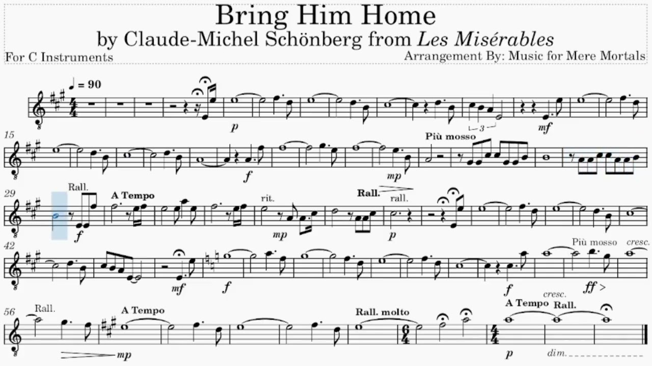 Bring Him Home - from Les Miserables - Play Along for C Instruments
