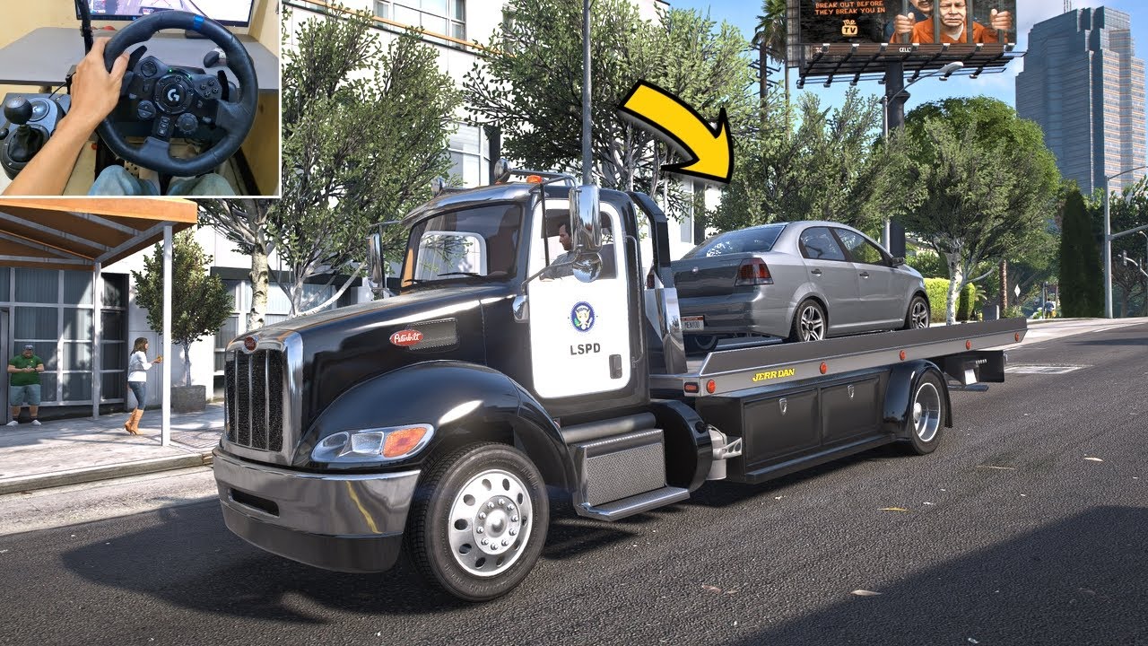 GTA 5 Playing as Police Officer Towing Car With Flatbed Truck - Steering Wheel Gameplay