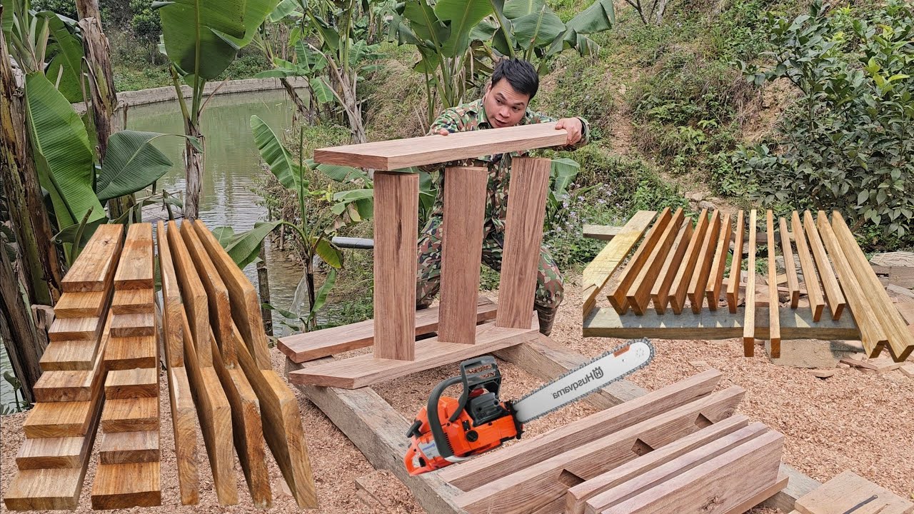 Using a Husqvarna chainsaw, make a ladder from a single block of teak wood.