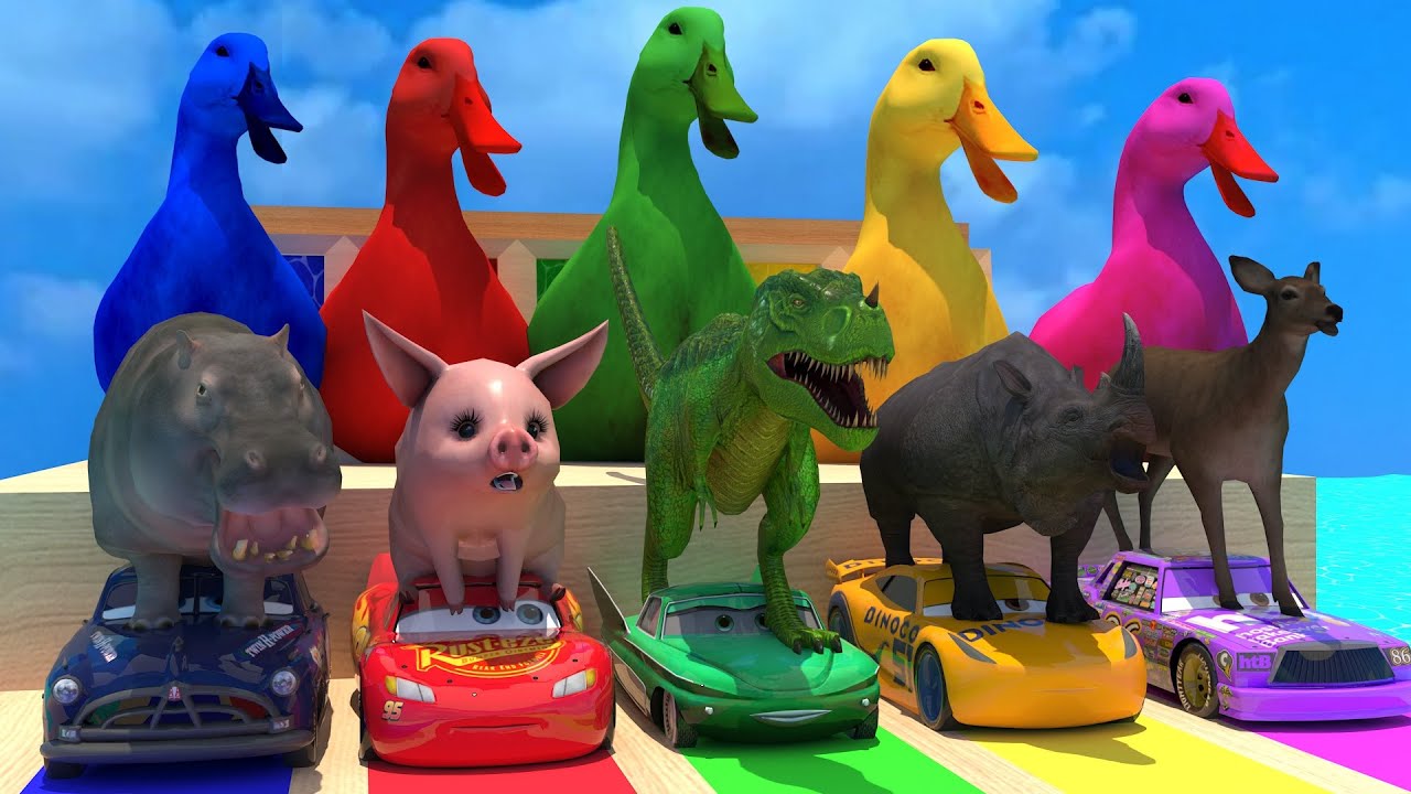 Long Slide Game With Cow Elephant Gorilla Hippopotamus Tiger - 3d Animal Game - Funny 3d Animals