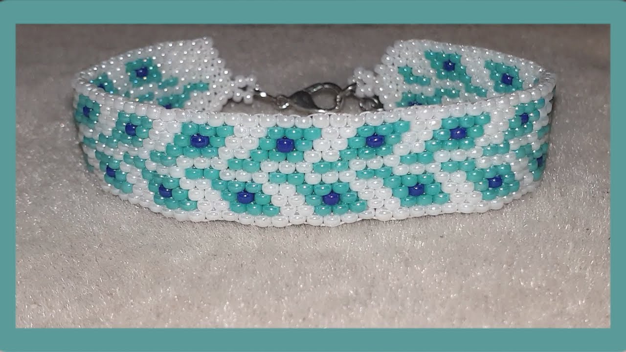 Bracelet feuilles tissage peyote pairs blanc et bleu