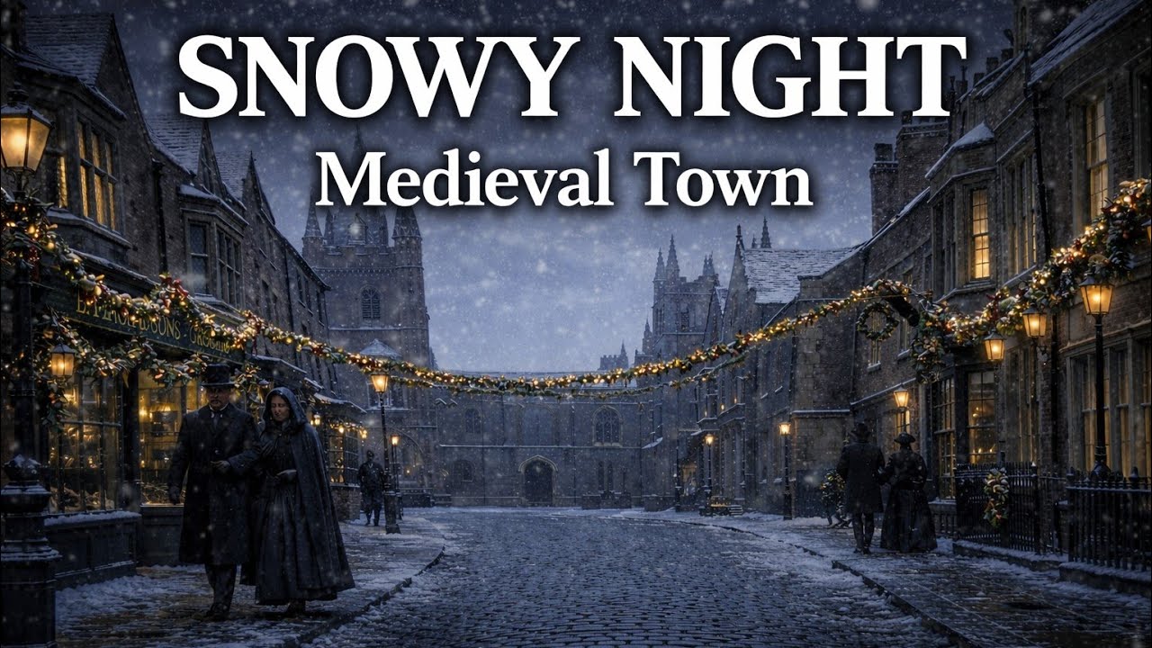 Winter Night in a Snowy Medieval Town ❄️ Cozy Street Ambience