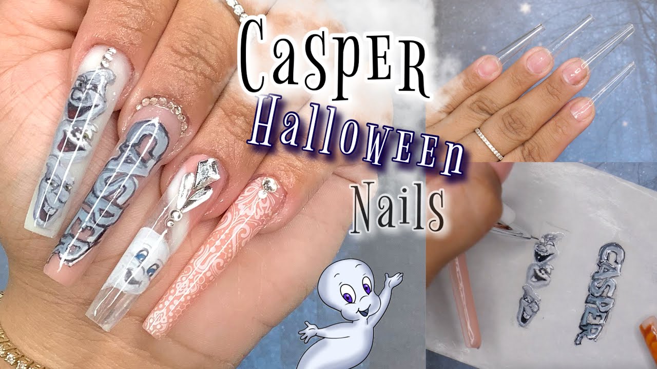 Hand Painted Nail Design | Casper The Friendly Ghost Nails | Halloween Hard Gel Nails