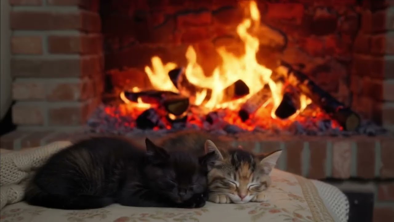 Sleepy Kittens by the Fireplace | Cozy Purring & Crackling Fire 9 Hours [Deep Sleep · Relax · Calm]