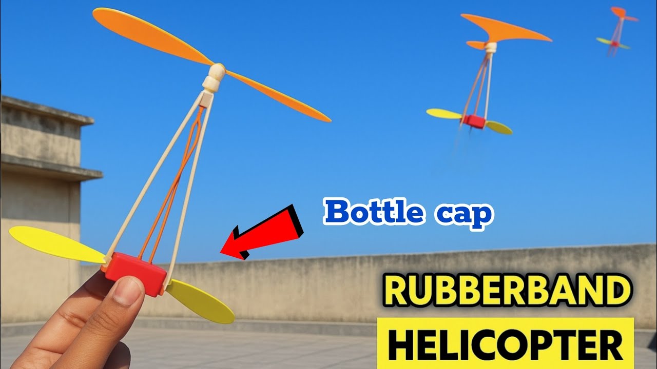 DIY FLYING BOTTLE CAP HELICOPTER, HOW TO MAKE RUBBER BAND HELICOPTER, BEST FLYING TOY...