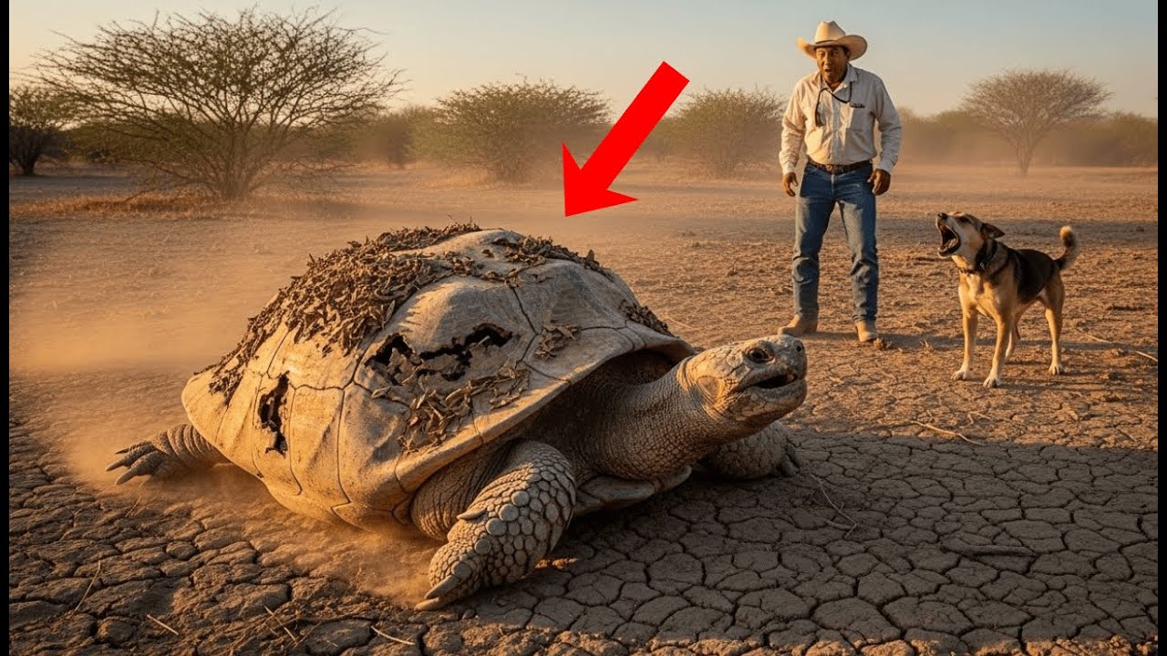 El vaquero cansado y su perro se acercan al bosque seco — y descubren tortuga gigante suplicando aux