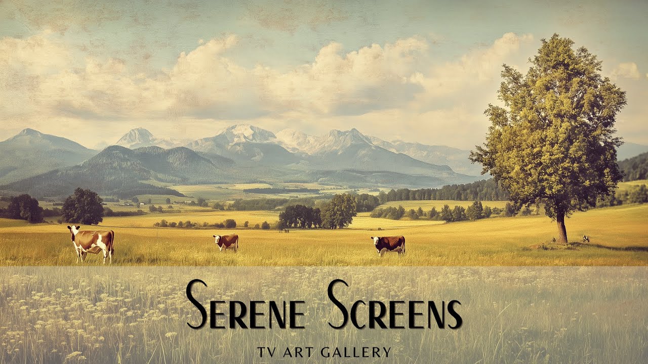Serene Countryside Cow Landscape Painting - Tranquil TV Art Display