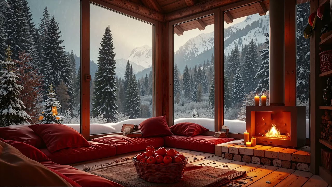Winter Cabin Jazz ❄️ Cozy Fireplace & Mountain View Ambience | Relaxing Jazz Music for Calm Nights