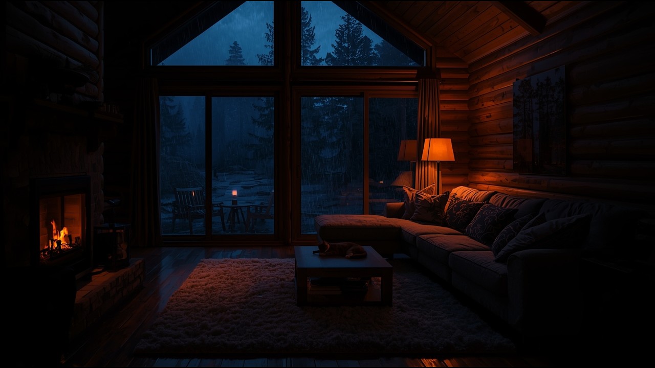 Heavy Rain Night & Fireplace Ambience for Deep Sleep 🌙 Cozy Cabin Rain Sounds🌙