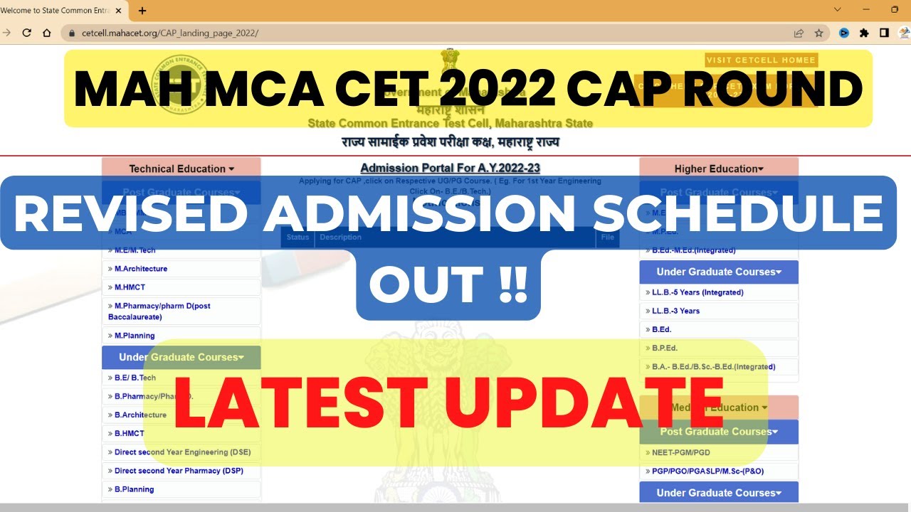 Mah MCA CET 2022 Cap Round, Revised Admission Schedule out.