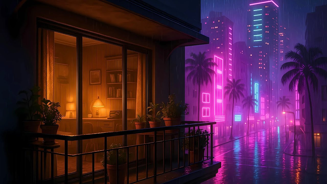 80s Synthwave & Retrowave Mix | Rainy Night in Miami | Ambience for Focus & Relax 🌧️