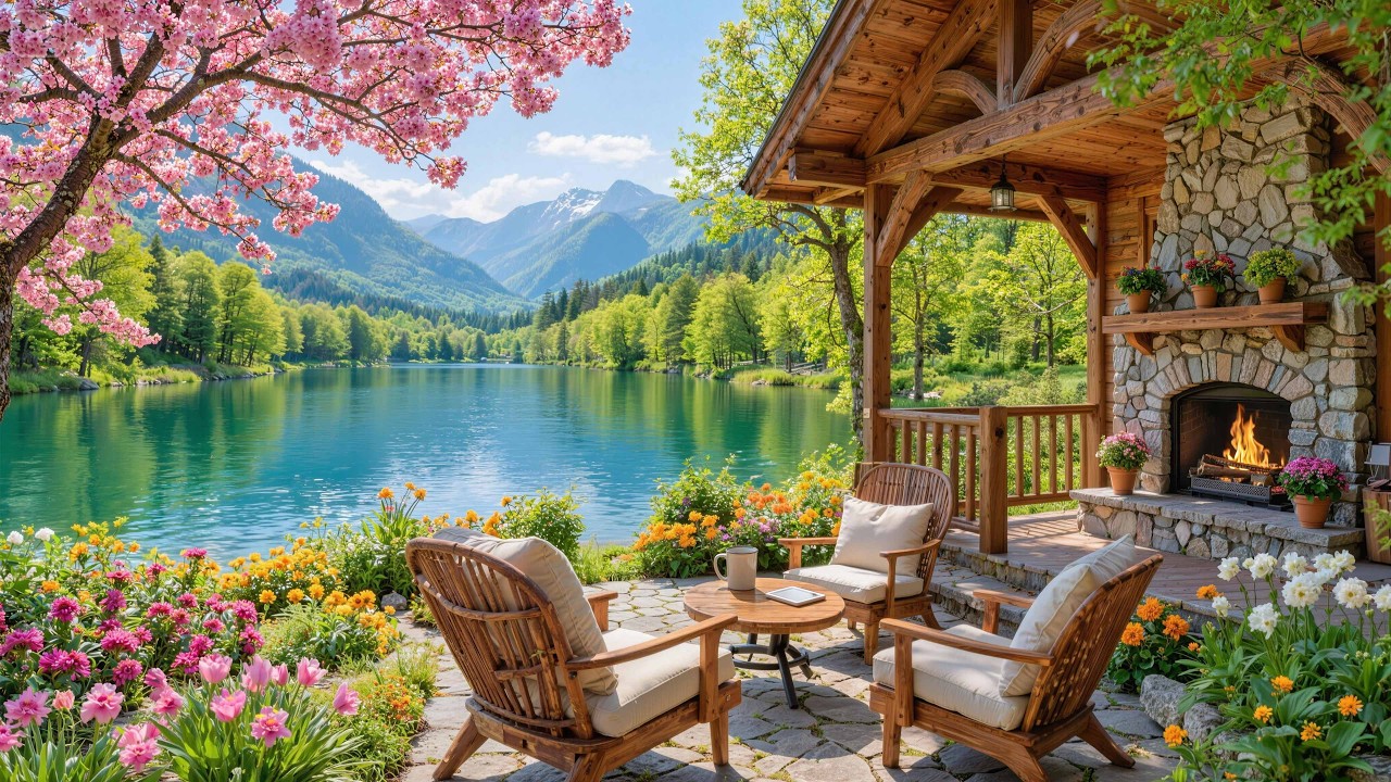 Nature’s Perfect Lakeside Spring Porch 🎹 Fireplace & Piano Music 🔥 The Pefect Relaxing Ambience