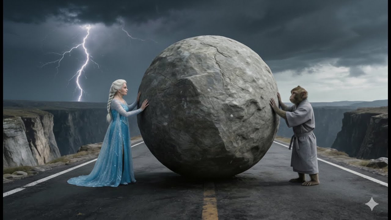Grandma Elsa lifting a massive boulder with a single hand?