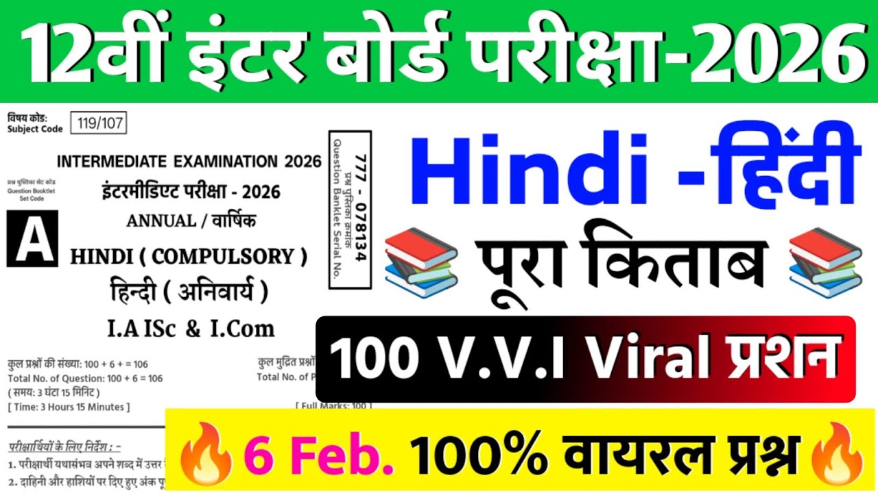 Class 12th Hindi V.V.i Objective Questions 2026 | 12th Class Hindi VVI Question Bihar Board ||