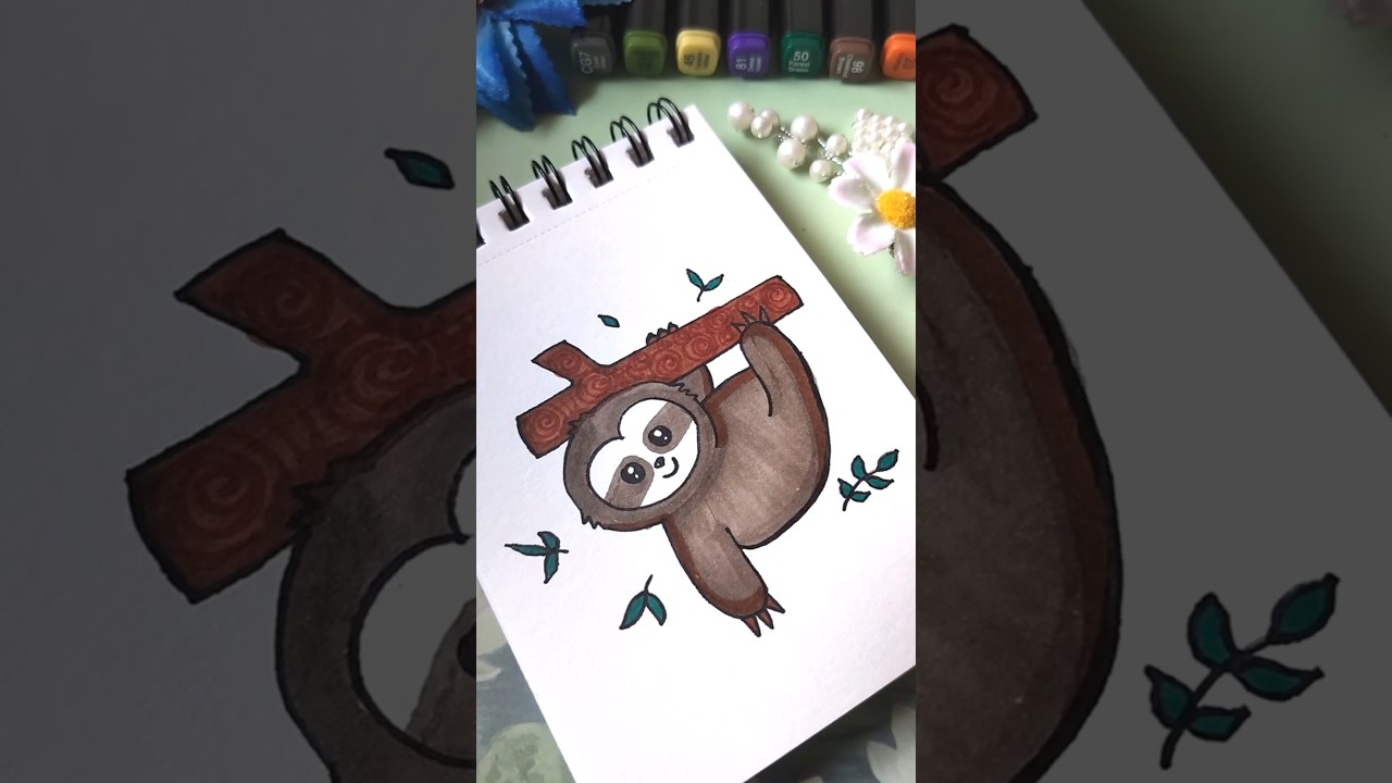 Cute Sloth Drawing 🦥✨ | Kawaii Animal Art Coloring Easy Hanging Sloth Drawing for Kids & Beginners