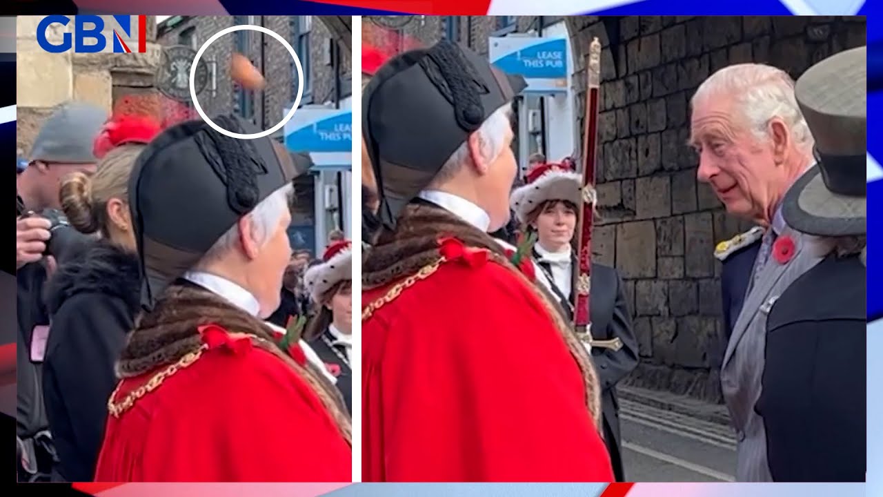 Moment EGGS THROWN at King Charles III and Queen Consort during York visit