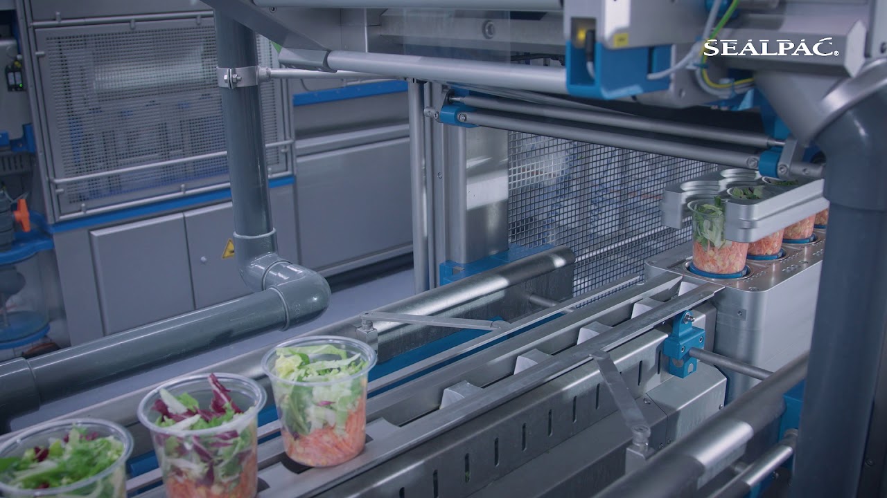 SEALPAC A6 Traysealer with walking beam for salads - with hand filling and in-line denesting