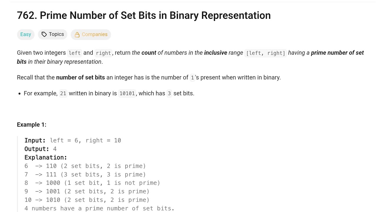 Prime Number of Set Bits in Binary Representation | Leetcode 762 | Java Solution | Leetcode POTD