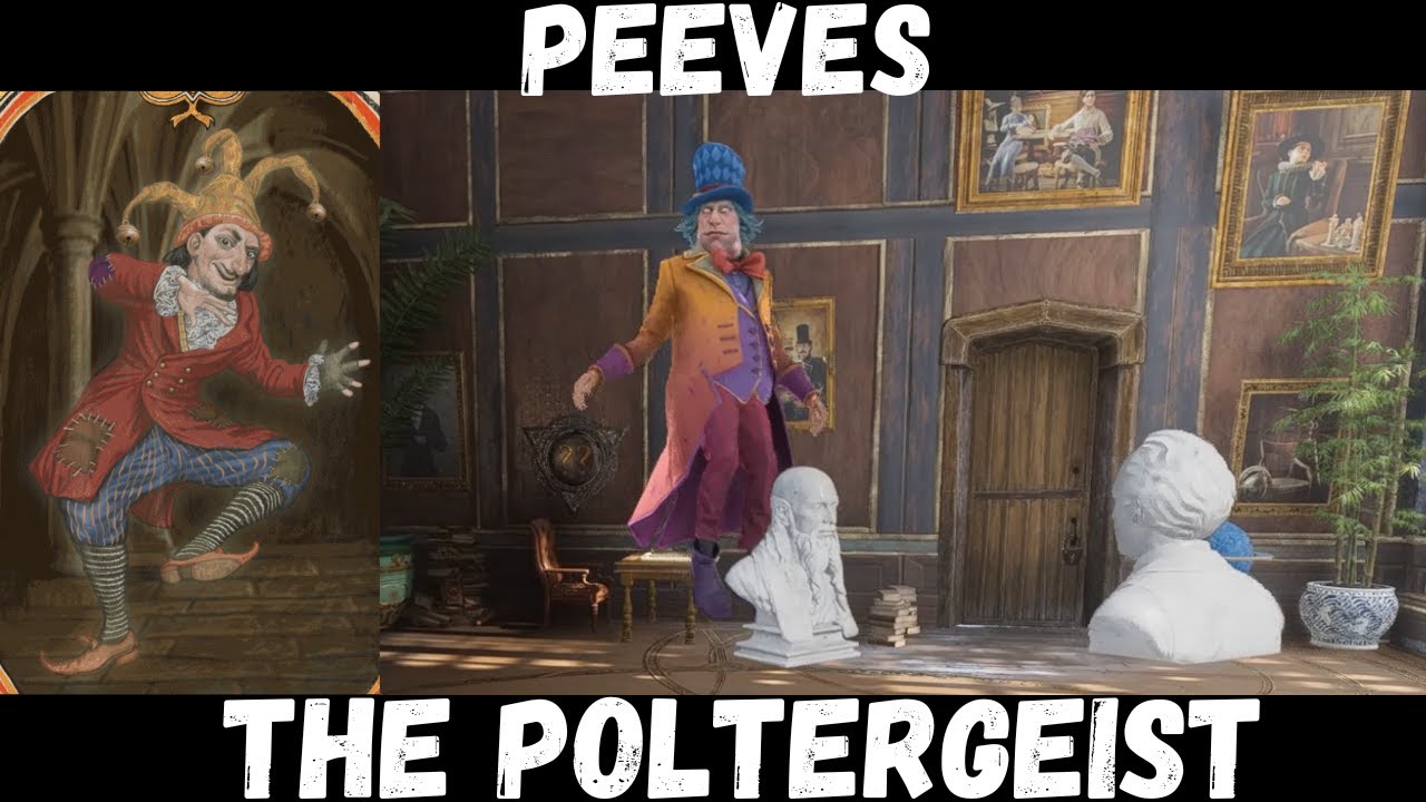 Peeves the poltergeist in books vs games. hogwarts legacy characters.