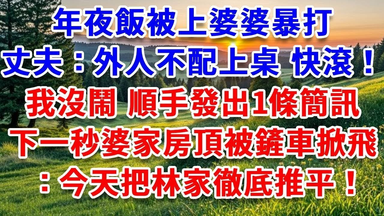 年夜飯被上婆婆暴打，丈夫：外人不配上桌 快滾！我沒鬧，順手發出一條簡訊，下一秒婆家房頂被鏟車掀飛：今天把林家徹底推平！#詩涵講故事#為人處世#生活經驗#情感故事#晚年哲理#說故事#完結文#原創故事