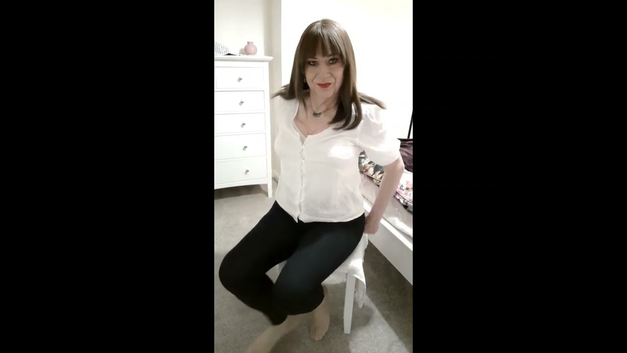 Gail chilling out in her Black Leggings and White Top - Crossdresser 2025 &copy;️