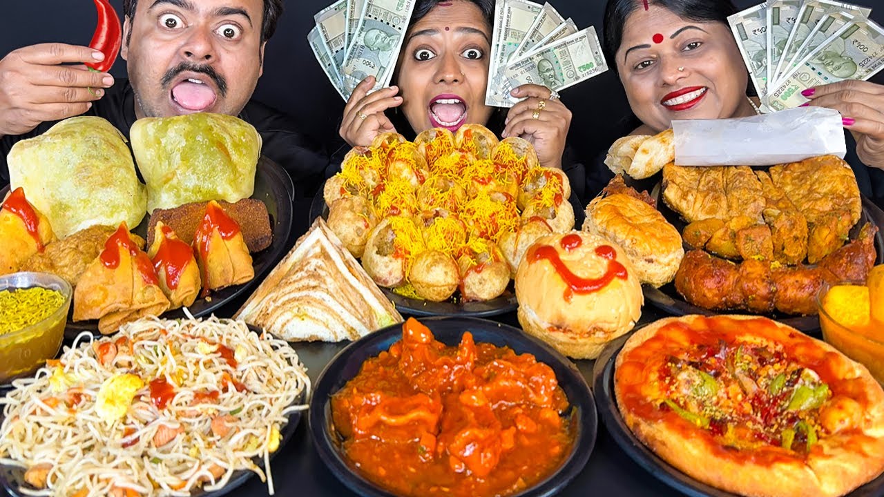 STREET FOOD EATING CHALLENGE & WIN 10000/- CASH😮💵 chilli Momo,Chowmin,Chicken,Lollipop,Burger,Pizza