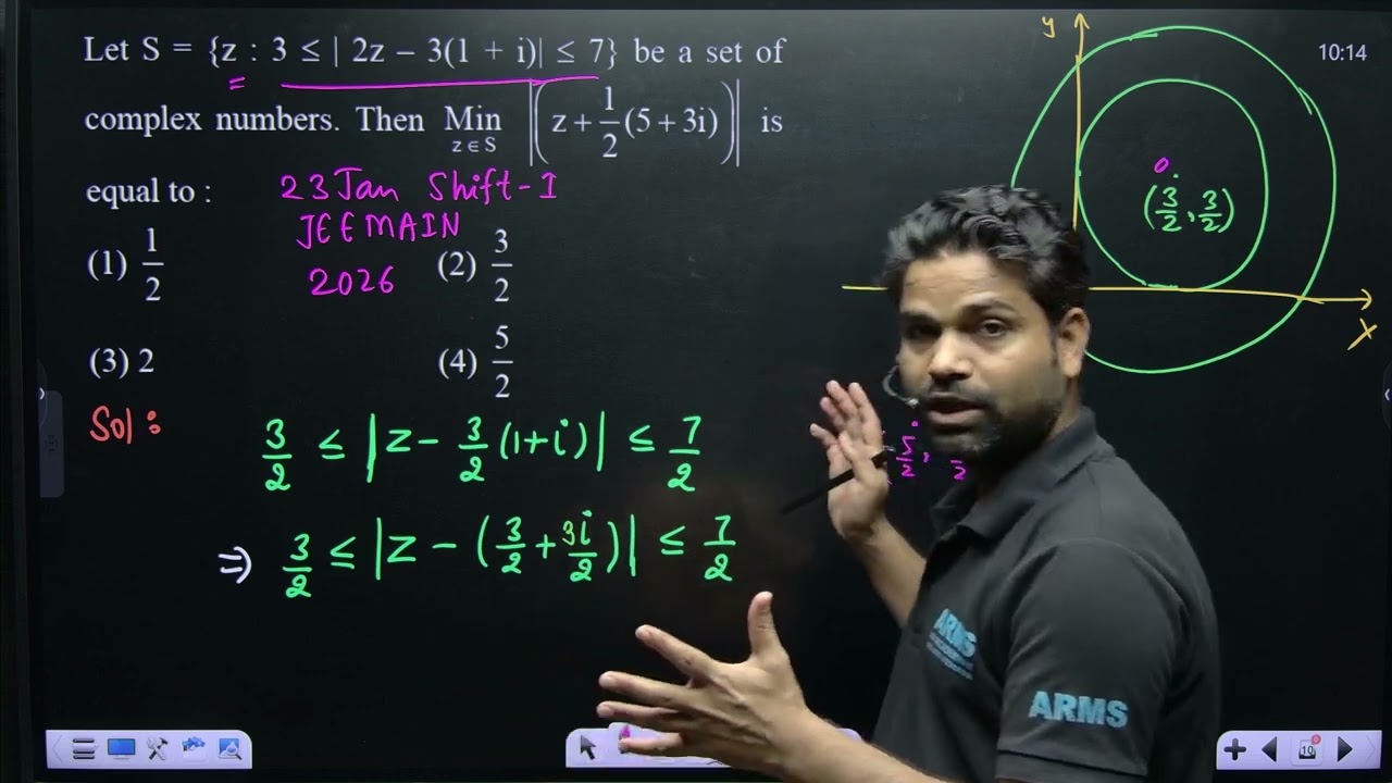 Let S={z:3≤|2z-3(1+i)|≤7} be a set of complex numbers. Then MinzSz+12(5+3i) is equal to :(1) 12(2) 3
