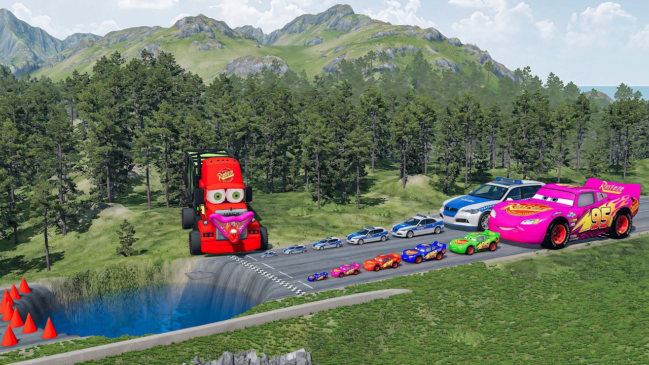 Big & Small McQueen & Police Car vs Zombie Mack, Giant Spikes & Downhill Water Race – BeamNG.drive