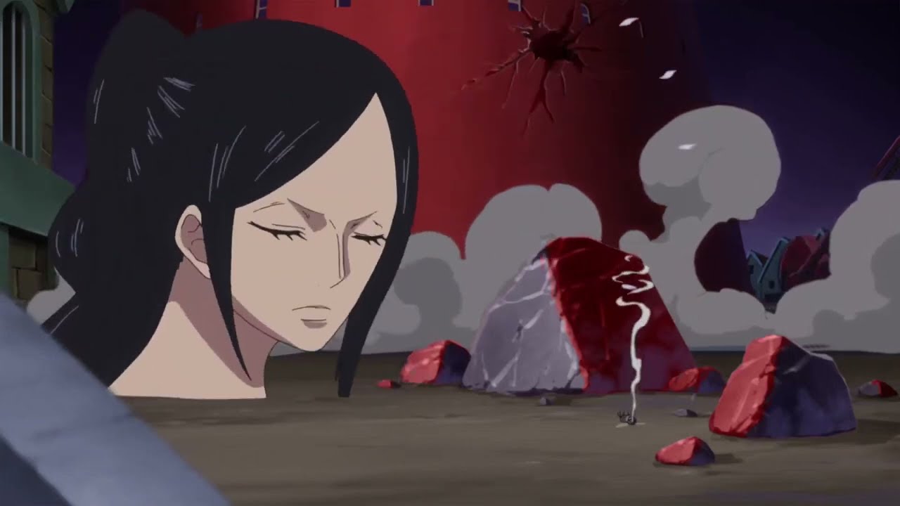 Nico Robin sprouts out her head and stops Leo from getting spotted