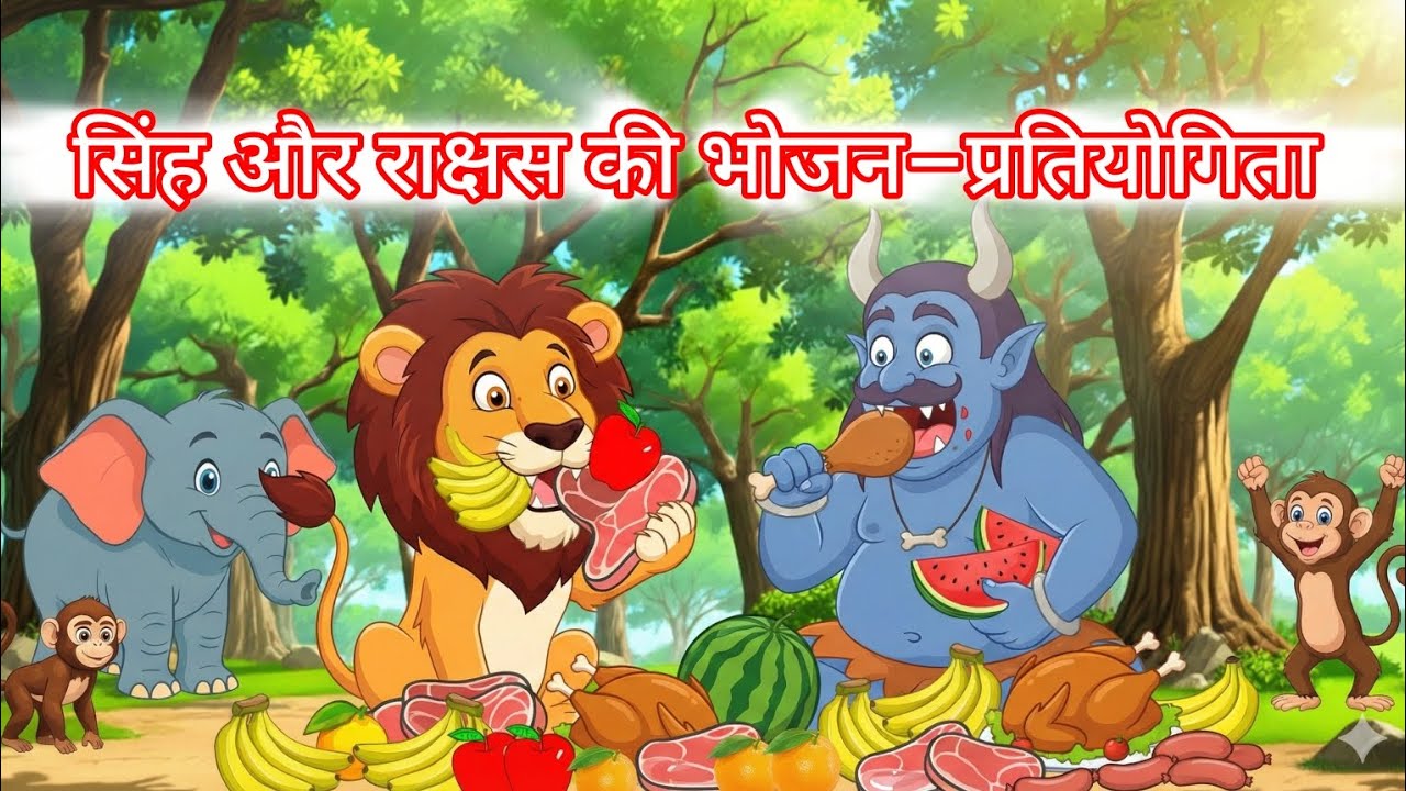 सिंह और राक्षस की भोजन–प्रतियोगिता | cartoon video | moral story hindi 
