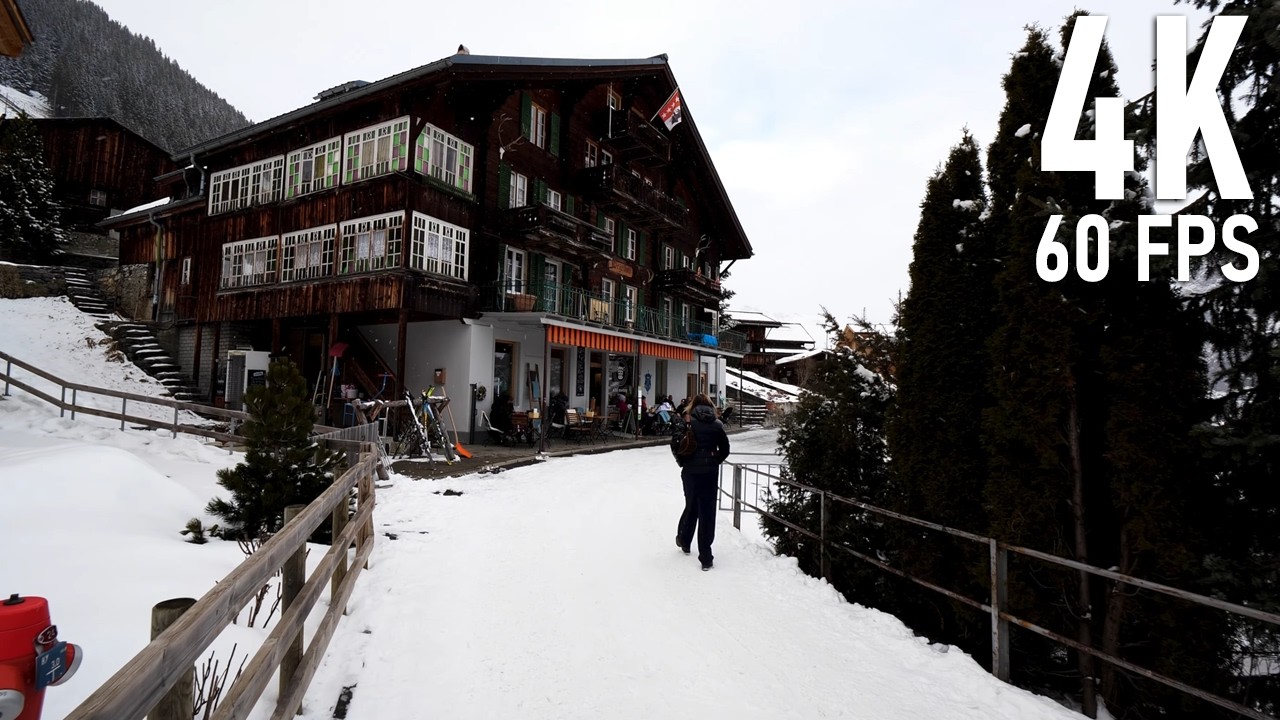 A Snowy Walking Tour of Mürren, Switzerland: Village Paths and Summit Views | 4K 60FPS