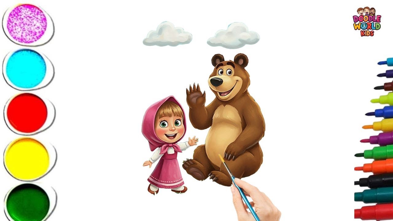 Как нарисовать милую Машу с медведем 🐻👧 | Простой мультяшный рисунок для детей