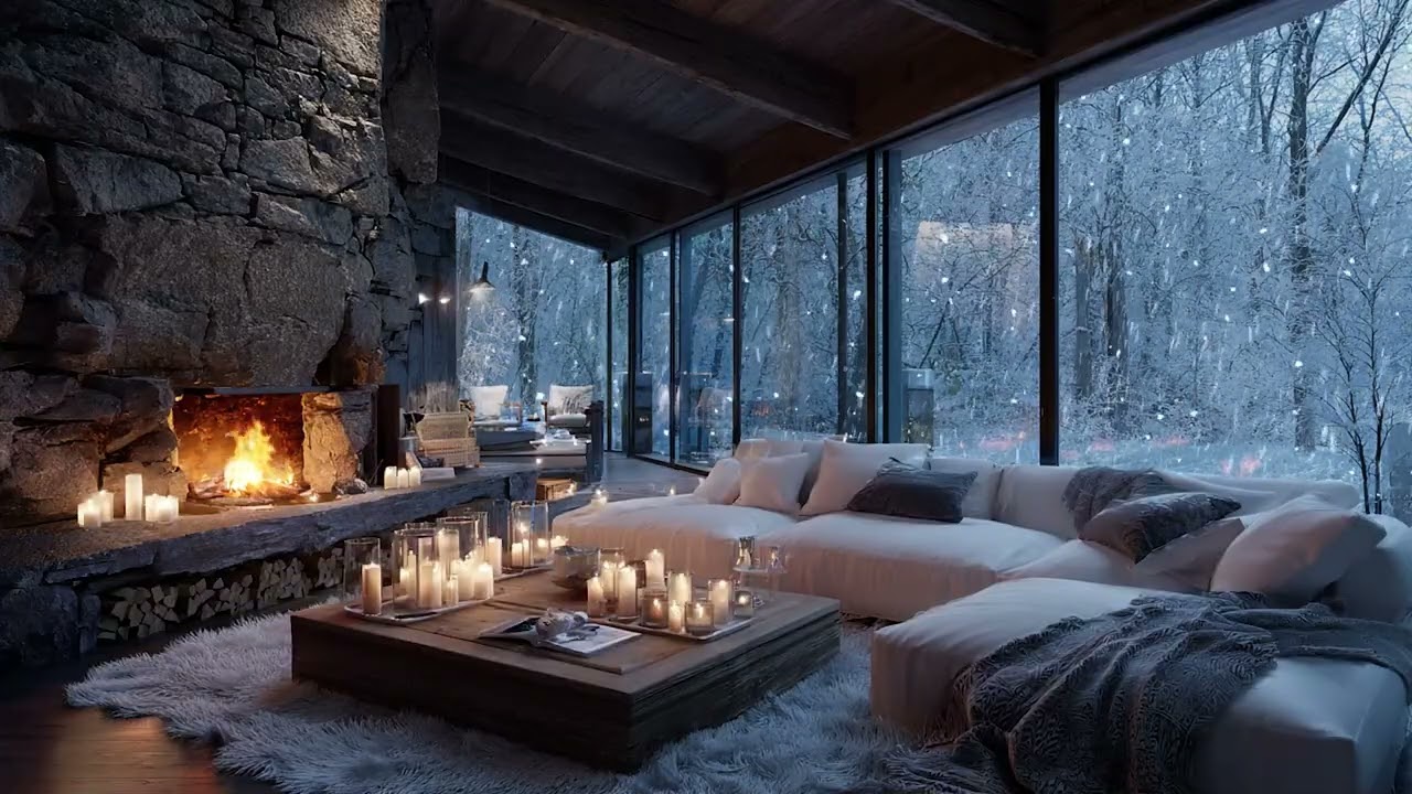 🤍❄️White Piano Evening Ambience | Snow Outside & Fire Crackling for Peaceful Sleep