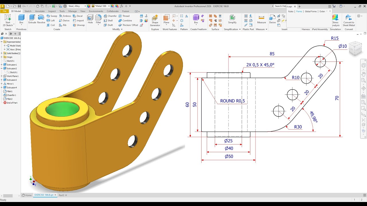 Autodesk Inventor 2026  Design Fastener  EXERCISE 166