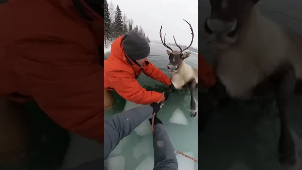 🦌 Caribou Fell Through Thin Ice — Last Second Rescue Caught on GoPro ❄️😱 