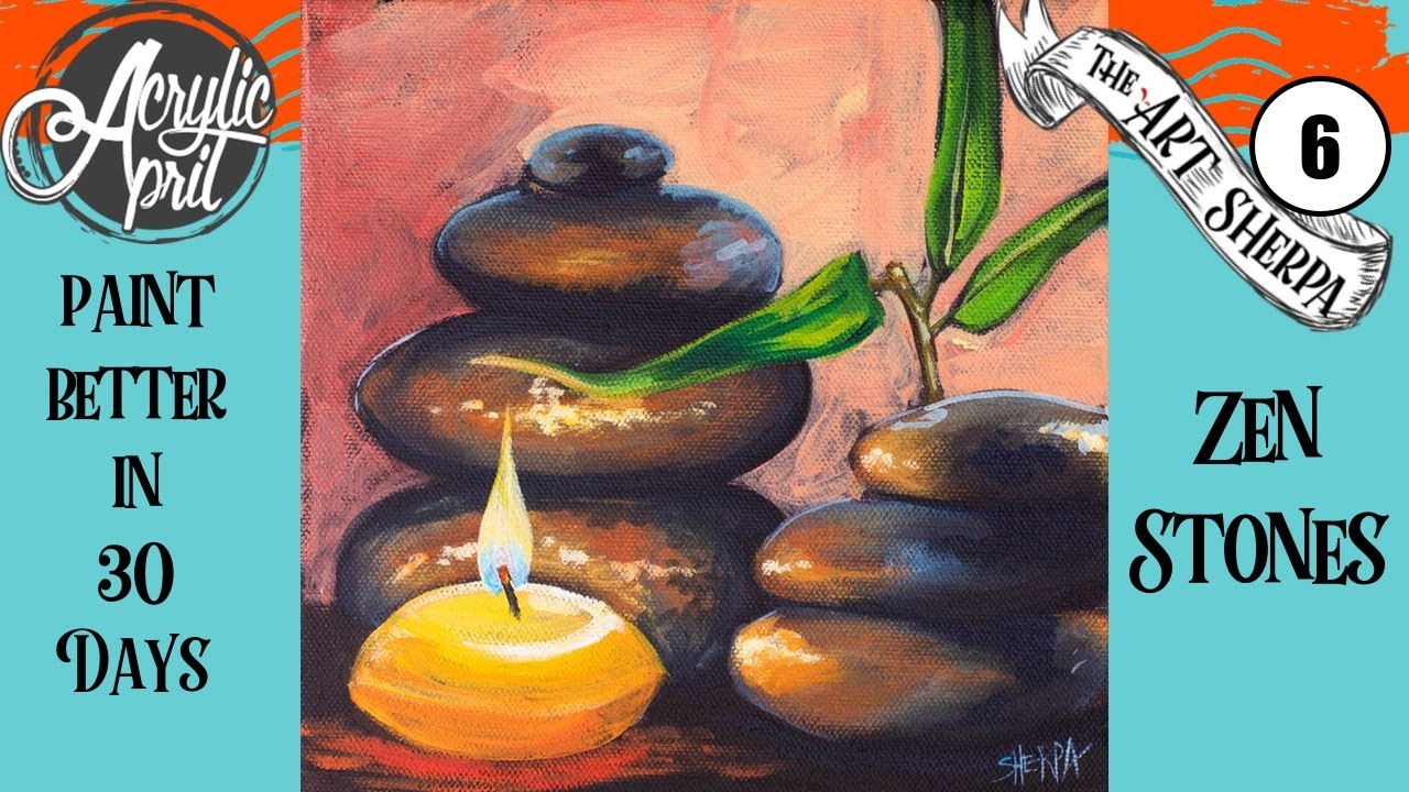 Zen Stones 🕯 Candle Easy Daily Painting Step by step Acrylic Tutorials Day 6 #AcrylicApril2020