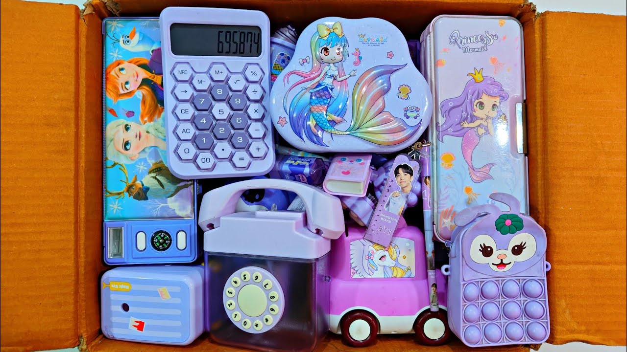 Unboxing Surprise Purple Stationery 📚, Pencil Box, Pouch, Piggy Bank, Sipper bottle, Sharpener, Pen