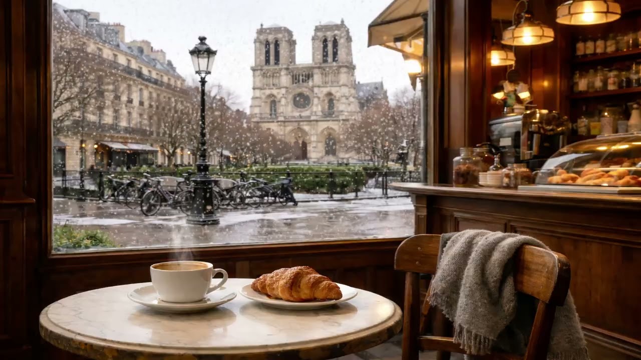 Snowy Paris Café Ambience ☕ Winter Day at Notre-Dame | Cozy Coffee Shop Piano Jazz