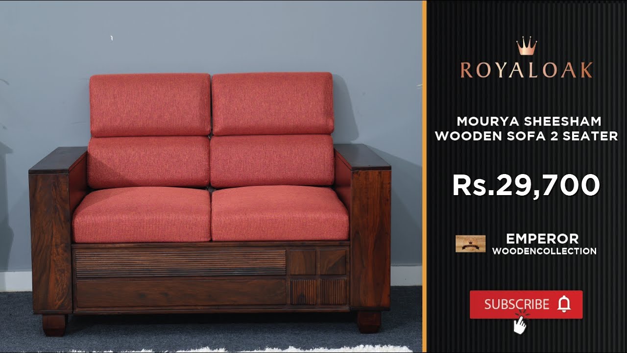 Royaloak | Mourya Sheesham Wooden Sofa Two Seater with Red Color Cushion
