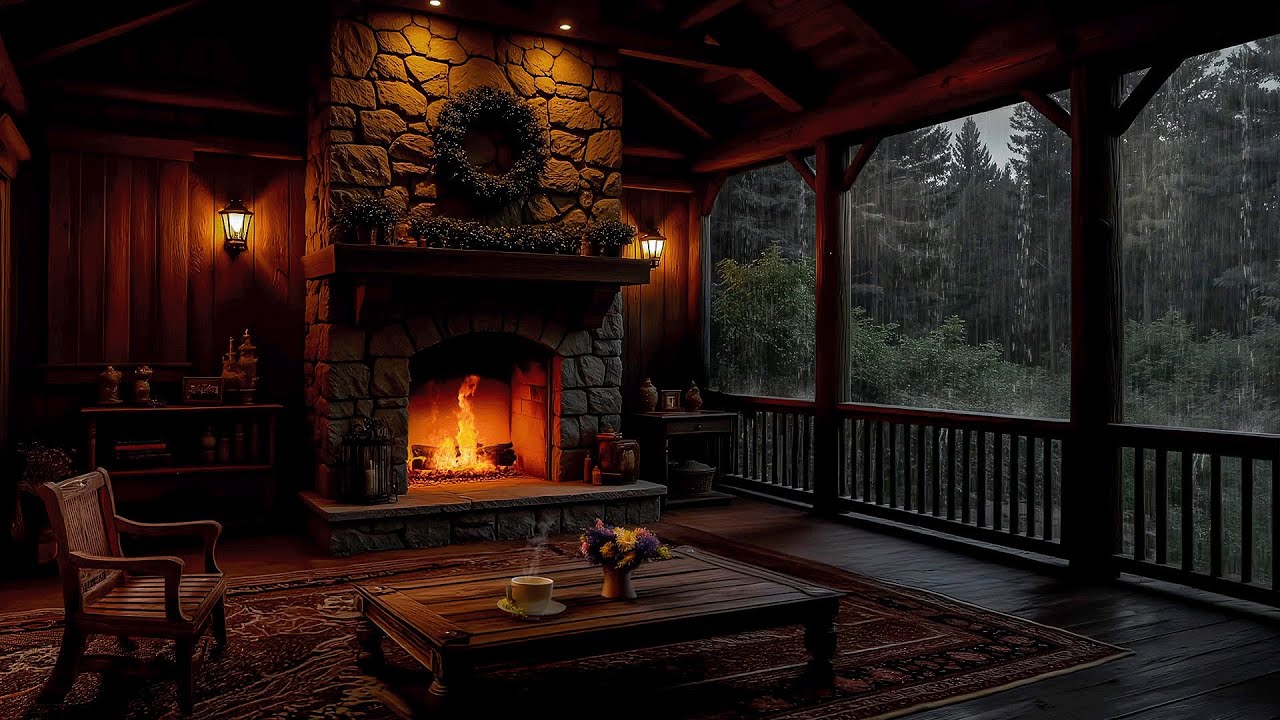 Deep Relaxation with Heavy Rain & Fireplace &ndash; Cozy Ambience on Rustic Porch for Studying & Working 📚