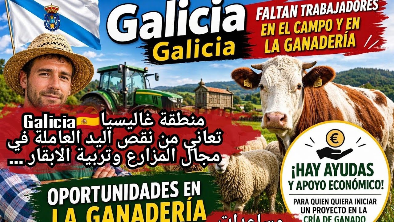 منطقة غاليسياGalicia🇪🇸 تعاني من نقص اليد العاملة في مجال المزارع وتربية الابقار والمواشي.. كاتعاونك